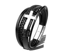 PVUVTNAHW Bracciale in Acciaio Inossidabile con Croce in Pelle Marrone Nero Bracciale da Uomo con Gioielli Hiphop Chiusura Magnetica Avvolgente con Polsino Maschile(18.5cm,S-4tBlck Cross)