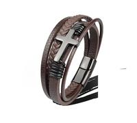 PVUVTNAHW Bracciale in Acciaio Inossidabile con Croce in Pelle Marrone Nero Bracciale da Uomo con Gioielli Hiphop Chiusura Magnetica Avvolgente con Polsino Maschile(18.5cm,B-4tBROWN Cross)