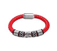 PVUVTNAHW Bracciale in Pelle Rossa caffè Nero Blu Bracciale in Acciaio Inossidabile 316L con Perline vichinghe Forte Chiusura Magnetica for Uomo(19.5cm,Red Viking)