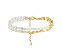 PVUVTNAHW Braccialetto a Doppia Catena in Argento 925 con Mezza Perla Naturale in Oro 14 carati e Mezza Perla, Gioiello da Donna