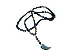 PVUVTNAHW Collana 108 Mala con Perline di Occhio di Tigre Giallo onice Nero Opaco da 8 mm con Pendente in Corno di Toro in Ematite