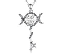 PVUVTNAHW Collana con dea della tripla luna Ecate in argento sterling 925 for donne e uomini, pendente con amuleto con chiave serpente(With 20inch chain)