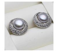 PVUVTNAHW Grandi orecchini a bottone con perle d'acqua dolce, orecchini con perle naturali piatte in argento sterling 925 for donna(Gray)