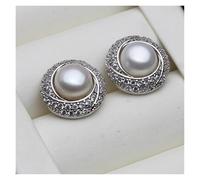 PVUVTNAHW Orecchini a bottone in argento sterling 925 con conchiglia e perle naturali d'acqua dolce for donna(White)