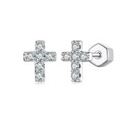 PVUVTNAHW Orecchini a croce con moissanite placcati in oro bianco, piccoli orecchini a croce religiosi in argento sterling 925