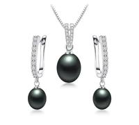 PVUVTNAHW Orecchini con perle d'acqua dolce di riso da 8-9 mm, pendenti da 45 cm, set di gioielli in argento sterling 925 for donna(Svart)