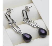PVUVTNAHW Orecchini pendenti in perle d'acqua dolce bianche, rosa, viola, grigie e nere, graziosi orecchini in argento sterling con perle for donna(Svart)