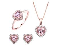 PVUVTNAHW Set di gioielli a forma di cuore, anello in oro rosa, orecchini, collana con ciondolo for donna, gioielli in argento sterling 925(9)