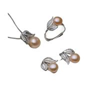 PVUVTNAHW Set di gioielli con collana, orecchini e anello di perle in argento sterling 925, perle d'acqua dolce naturali, for donna(Pink)
