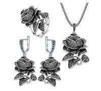 PVUVTNAHW Set di gioielli con fiori di rosa e marcasite nera, collana, orecchini e anello vintage, eleganti for feste e matrimoni.(8)