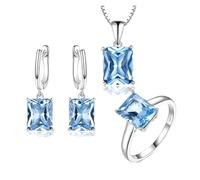 PVUVTNAHW Set di gioielli con pietra preziosa di topazio azzurro for donna, anelli in argento sterling 925, collana, ciondolo, orecchini a clip(5)