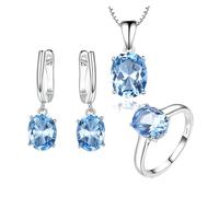 PVUVTNAHW Set di gioielli con pietra preziosa di topazio azzurro for donna, anelli in argento sterling 925, collana, ciondolo, orecchini a clip(10)