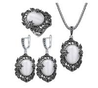 PVUVTNAHW Set di gioielli in opale for donna, collana con ciondolo vintage, orecchini a forma di fiore con strass neri, anello(7)