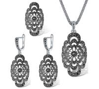 PVUVTNAHW Set di gioielli vintage con collana, orecchini e anello con fiori neri for donna(10)