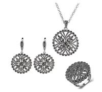 PVUVTNAHW Set di gioielli vintage con fiore cavo, orecchini rotondi, collana e anello con strass neri.(9)
