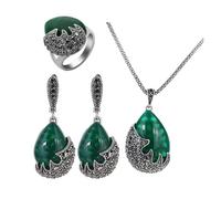 PVUVTNAHW Set di gioielli vintage con pietra verde a goccia for donna, orecchini, collana e anello con strass neri(9)