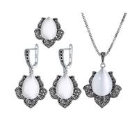 PVUVTNAHW Set di gioielli vintage retrò chic for donna, orecchini in opale bianco, ciondolo con zirconi neri, collana e anello(8)