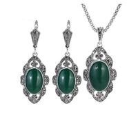 PVUVTNAHW Set di gioielli vintage verde scuro con pietre, orecchini e collana in argento antico con zirconi neri for donna