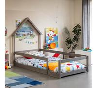 PVWIIK Letto a due piani con tetto e parapetti di sicurezza, letto da pavimento Montessori per camera da letto per ragazzi e ragazze, senza bisogno di molle, grigio