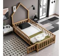 PVWIIK Letto a pavimento con porta e recinto per bambini, ragazzi e ragazze, letto da pavimento Montessori con tetto e guardrail a tutta lunghezza, facile da montare e senza bisogno di molle, naturale
