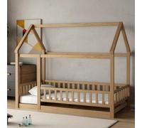 PVWIIK Letto a pavimento Montessori Twin Size con tetto e recinzione, per camera da letto di ragazzi e ragazze, struttura letto matrimoniale in legno, facile da montare, senza bisogno di molle