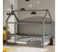 PVWIIK Letto a pavimento Montessori Twin Size con tetto e recinzione, per camera da letto di ragazzi e ragazze, struttura letto matrimoniale in legno, facile da montare, senza bisogno di molle, grigio