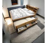 PVWIIK Letto a piattaforma con 3 cassetti e cassettiera, con testiera portaoggetti, libreria, per camera da letto di bambini e ragazzi, senza bisogno di molle, naturale
