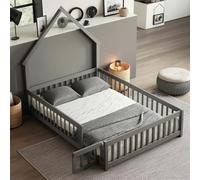 PVWIIK Letto da pavimento con porta e recinzione per bambini, ragazzi e ragazze, letto da pavimento Montessori con tetto e guardrail a tutta lunghezza, facile da montare e senza bisogno di molle