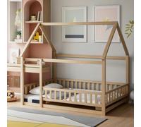 PVWIIK Letto da pavimento Montessori a grandezza naturale, con tetto e recinzione, per camera da letto di ragazzi e ragazze, letto a pavimento in legno, senza bisogno di molle, naturale
