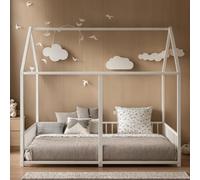 PVWIIK Letto matrimoniale Montessori da pavimento con recinzione e tetto per due bambini, ragazzi e ragazze, letto a pavimento doppio, facile da montare, senza bisogno di molle, bianco