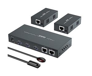PW-HT247P2IR HDMI Extender Splitter 1x2 Port 60m/196ft di Cat5e/Cat6/Cat7 Supporto per cavi 4K@60Hz Risoluzione 、 Controllo IR e funzione POC