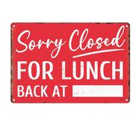 PWBYU Targa in metallo retrò con scritta in lingua inglese "Sorry Closed for Lunch Back At Notice Gone To Lunch", decorazione artistica da parete per giardino, per casa, cortile, fattoria, garage