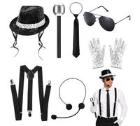 PWCTNT MJ Costume di Halloween, 7 pezzi per feste anni '80 ed eventi cosplay, completo di cappello, cravatta, guanti, occhiali, auricolari, microfono e bretelle