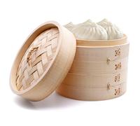 PWGHWG Cuocere a vapore in bambù, a 2 ripiani, con coperchio, 15 cm, in bambù, con 2 tappetini in silicone per gnocchi, riso, dim sum, verdure, carne