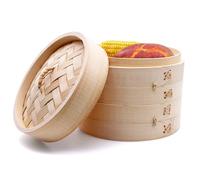 PWGHWG Cuocere a vapore in bambù, a 2 ripiani, con coperchio, 21 cm, in bambù, con 2 tappetini in silicone per gnocchi, riso, dim sum, verdure, carne (L)