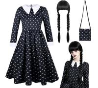 PWOKAO Costume da mercoledì per bambini, 6 pezzi, vestito gotico, nero, con parrucca, borsa e calze, set di costumi da wednesday, costume da carnevale per ragazze e cosplay