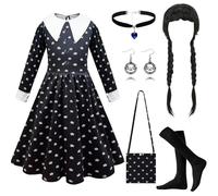 PWOKAO Costume Mercoledì per Bambini, Set da 6 Pezzi con Abito Gotico Nero, Parrucca, Borsa e Calzini, Costume da Mercoledì Addams per Bambini, Costume per Carnevale, per Ragazze, Cosplay, Outfit per