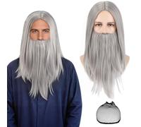 Pwsap 3Pcs Parrucca Uomo Grigia Dritta con Barba,Uomini Capelli Lunghi Grey Parrucca Cuffia Parrucche per Film Cosplay Halloween Carnevale Feste e Party a Tema