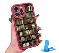 Pwzoax Cartoon Bookshelf Pattern Tpu Phone Case for iPhone 16 15 14 13 12 11pro Max, Vintage Bookshelf Pattern Soft Shockproof Cases (For iphone 14,Red)