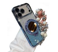 Pwzoax Sparkling Diamond Women's Phone Case with Mirror & Stand for iPhone 17 16 15 14 13 12 11 Pro Max (14 Pro Max,Blue)