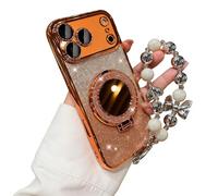 Pwzoax Sparkling Diamond Women's Phone Case with Mirror & Stand for iPhone 17 16 15 14 13 12 11 Pro Max (14 Plus,Orange)