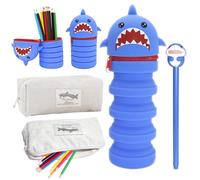 PXBSNB 2 astucci 2 in 1 da quale astuccio in silicone per squalo, stand up telescopico, portapenne da tavolo, con chiusura lampo, Kawaii, cartoni animati, per ragazze e ragazzi, Blu / Grigio, Astuccio