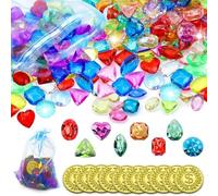 PXBSNB Pietre preziose per bambini, 100 pezzi di diamanti acrilici per bambini, pietre preziose trasparenti per bambini, diamanti colorati con 10 monete d'oro, cristalli gemma per tesoro, vasi di