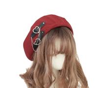 PXPLDYY Cappello Donna Berretto Harajuku Lolita Cappello da Pittrice JK Cappello da Ragazza Berretto Carino Pu Catena Cuore Amore Kawaii Cappello da Donna Accessori, Rosso, Taglia Unica