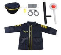 PxQuerantic Set di costumi per il gioco di ruolo da poliziotto per bambini, vestiti da ufficiale con cappello, fischietto, manette, distintivo e walkie-talkie, outfit per il gioco di finzione