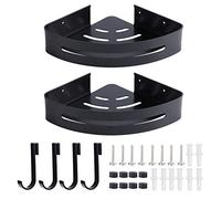 PxQuerantic Wall Hanging Aluminum Double Layer Storage Rack, Corner Shelf Organizer for Bathroom Kitchen Bedroom, Modern Black Rust Resistant Corner Storage Rack with Hooks and Drainage Design