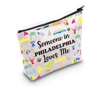 PXTIDY Borsa per il trucco con scritta "Someone in Philadelphia Loves Me", idea regalo per viaggi di Stato, idea regalo per relazioni a lunga distanza, Beige, borsa per il trucco