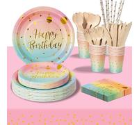 PYAILI Compleanno Stoviglie Oro Arcobaleno 193 Pezzi Set Include Piatti, Tovaglioli, Tazze di Carta, Adatto a Tutti i tipi di Feste a Tema -24 Ospiti