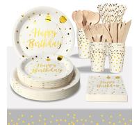 PYAILI Compleanno Stoviglie Oro Bianco 193 Pezzi Set Include Piatti, Tovaglioli, Tazze di Carta, Adatto a Tutti i tipi di Feste a Tema -24 Ospiti