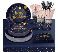 PYAILI Compleanno Stoviglie Oro Blu Scuro 193 Pezzi Set Include Piatti, Tovaglioli, Tazze di Carta, Adatto a Tutti i tipi di Feste a Tema -24 Ospiti